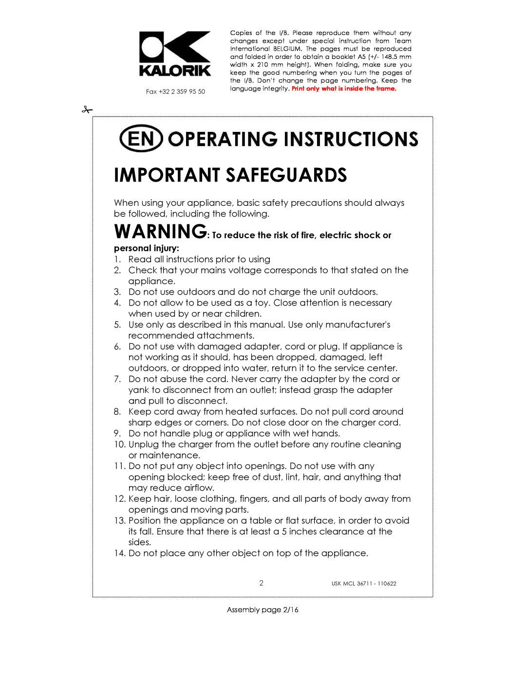 Kalorik USK MCL 36711 manual Important Safeguards, WARNING To reduce the risk of fire, electric shock or personal injury 