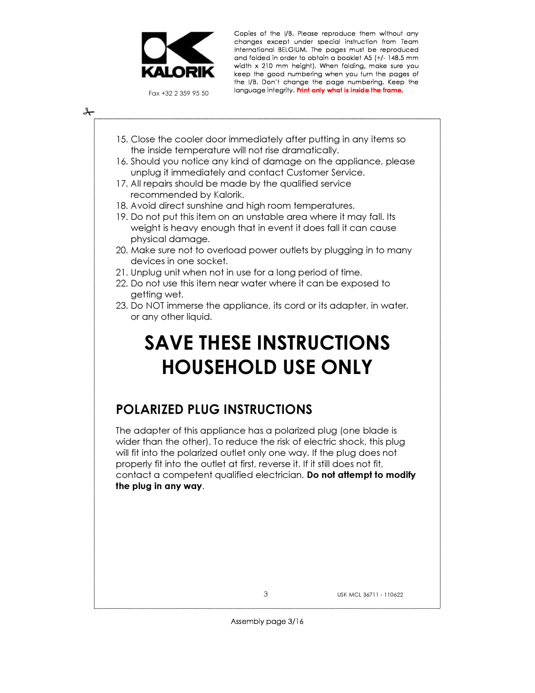Kalorik USK MCL 36711 manual Save These Instructions Household Use Only, Polarized Plug Instructions 
