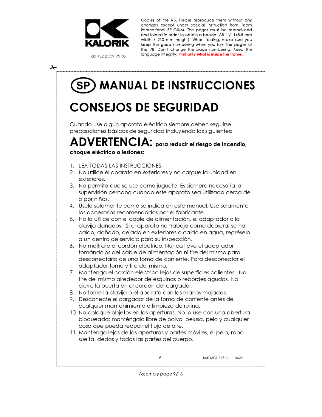 Kalorik USK MCL 36711 manual Consejos De Seguridad 