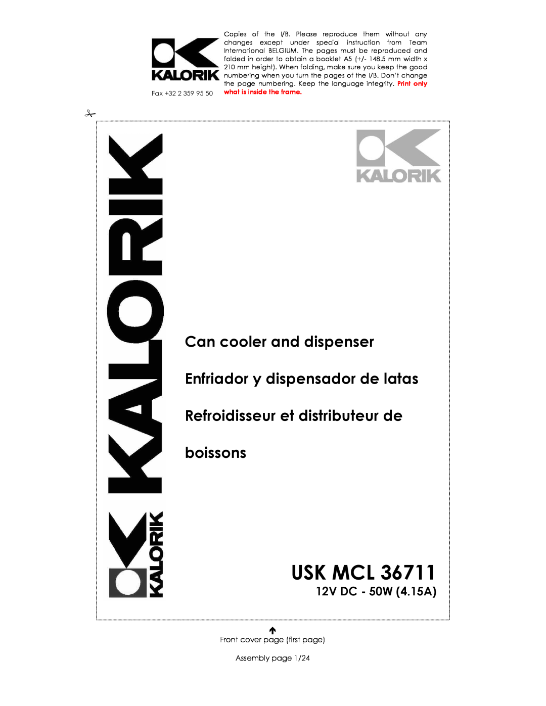 Kalorik USK MCL 36711 manual Usk Mcl, Can cooler and dispenser Enfriador y dispensador de latas, 12V DC - 50W 4.15A 