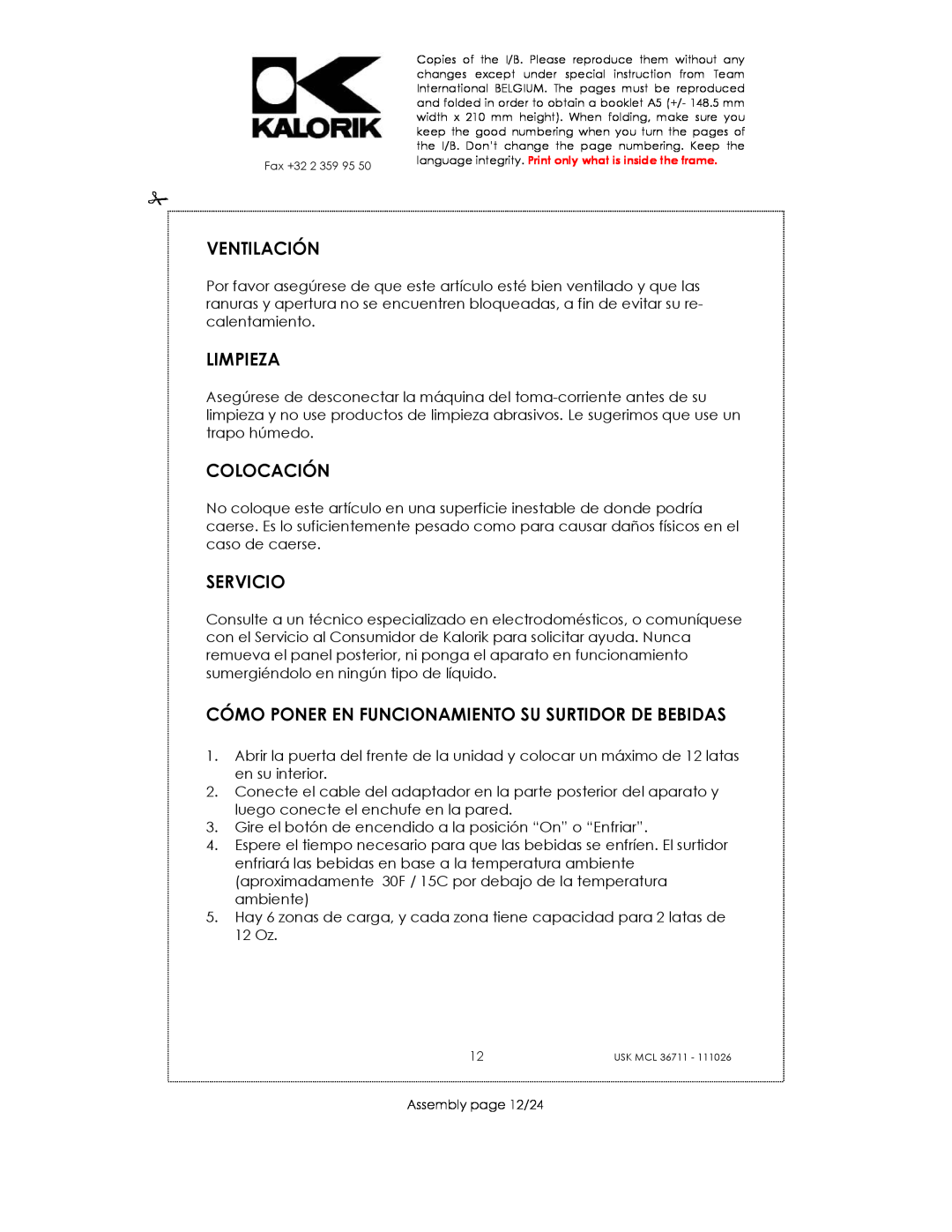 Kalorik USK MCL 36711 manual Ventilación, Limpieza, Colocación, Servicio, Assembly page 12/24 