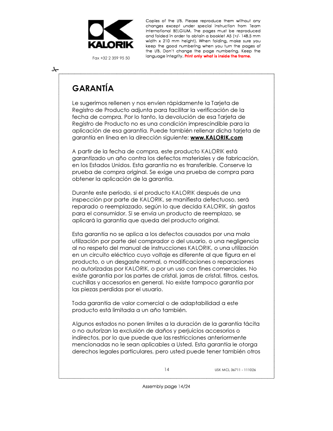 Kalorik USK MCL 36711 manual Garantía, Assembly page 14/24 