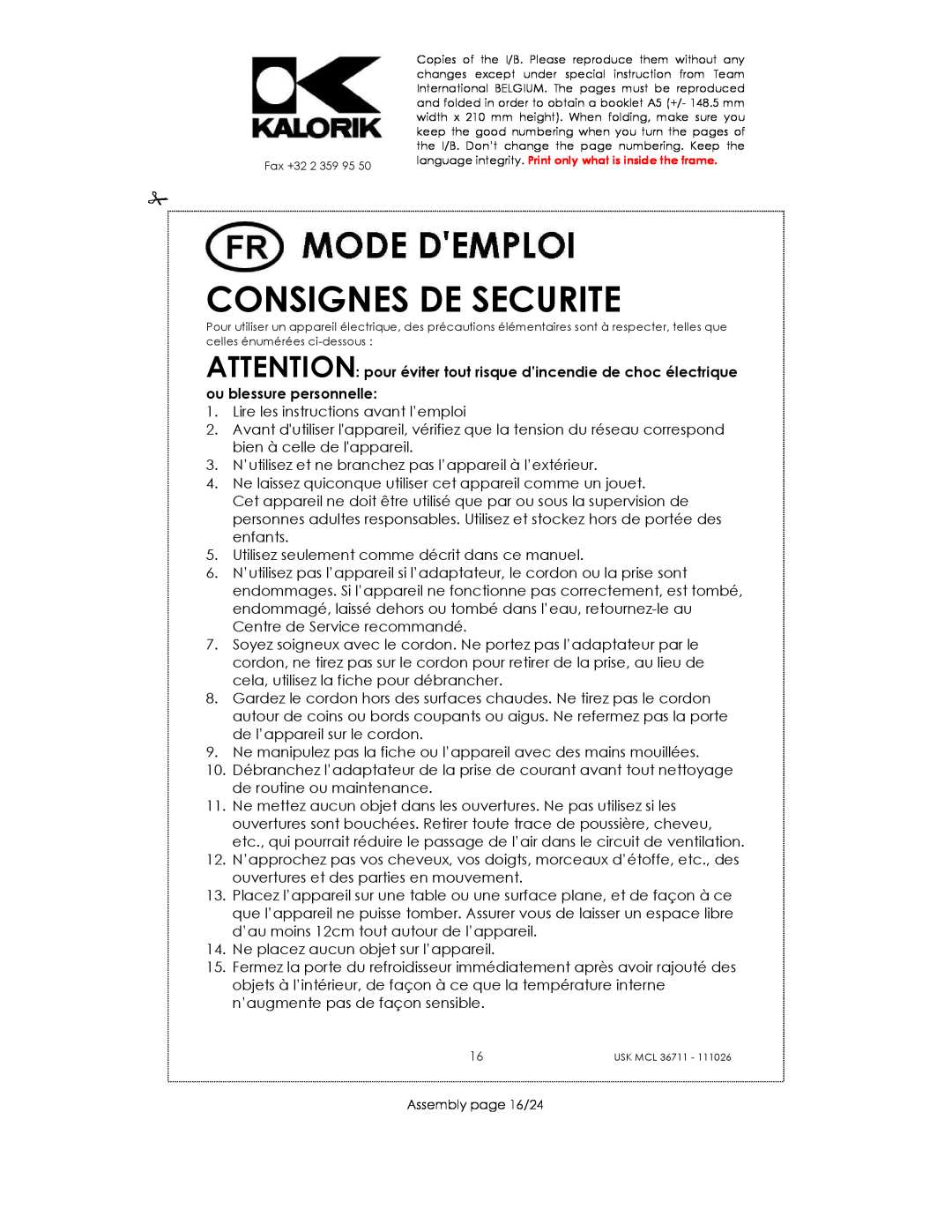 Kalorik USK MCL 36711 manual Consignes De Securite 