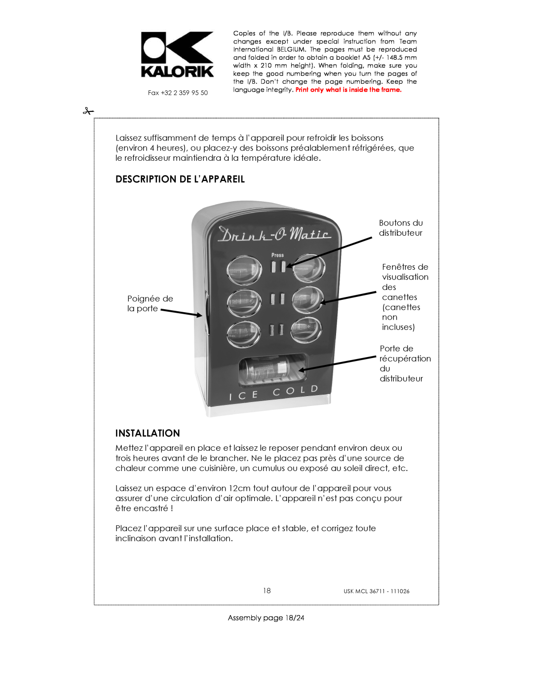 Kalorik USK MCL 36711 manual Description De L’Appareil, Installation 