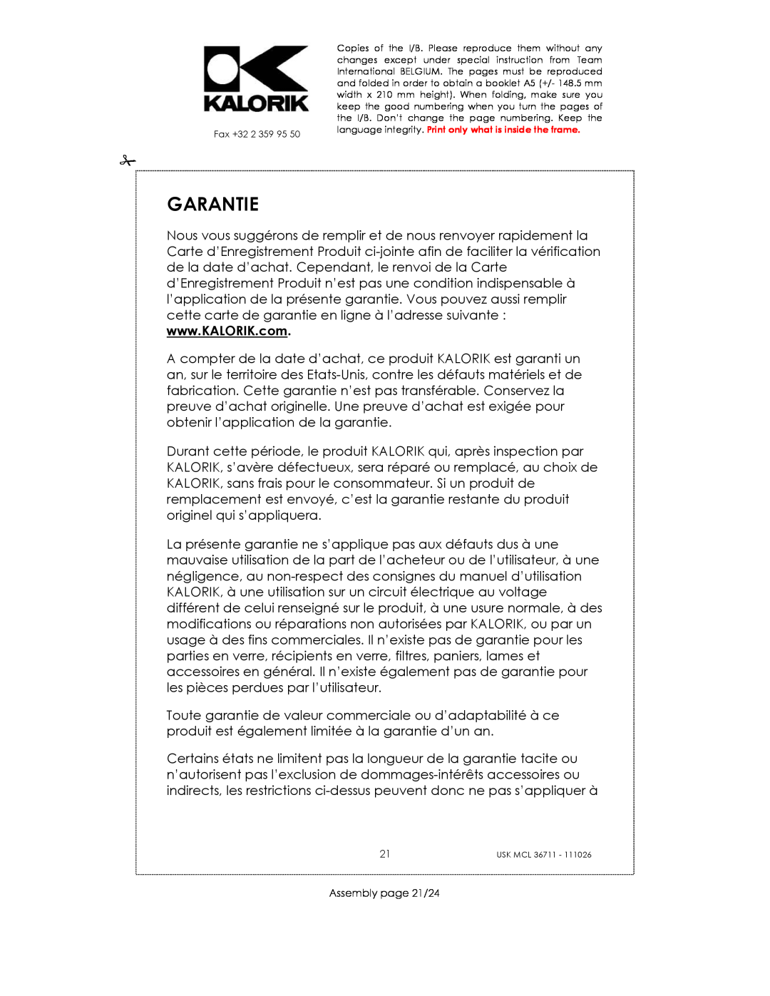 Kalorik USK MCL 36711 manual Garantie, Assembly page 21/24 