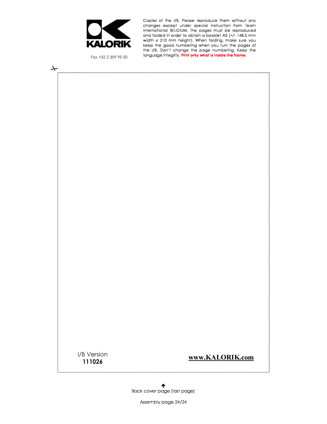 Kalorik USK MCL 36711 manual 111026, I/B Version, Back cover page last page Assembly page 24/24 