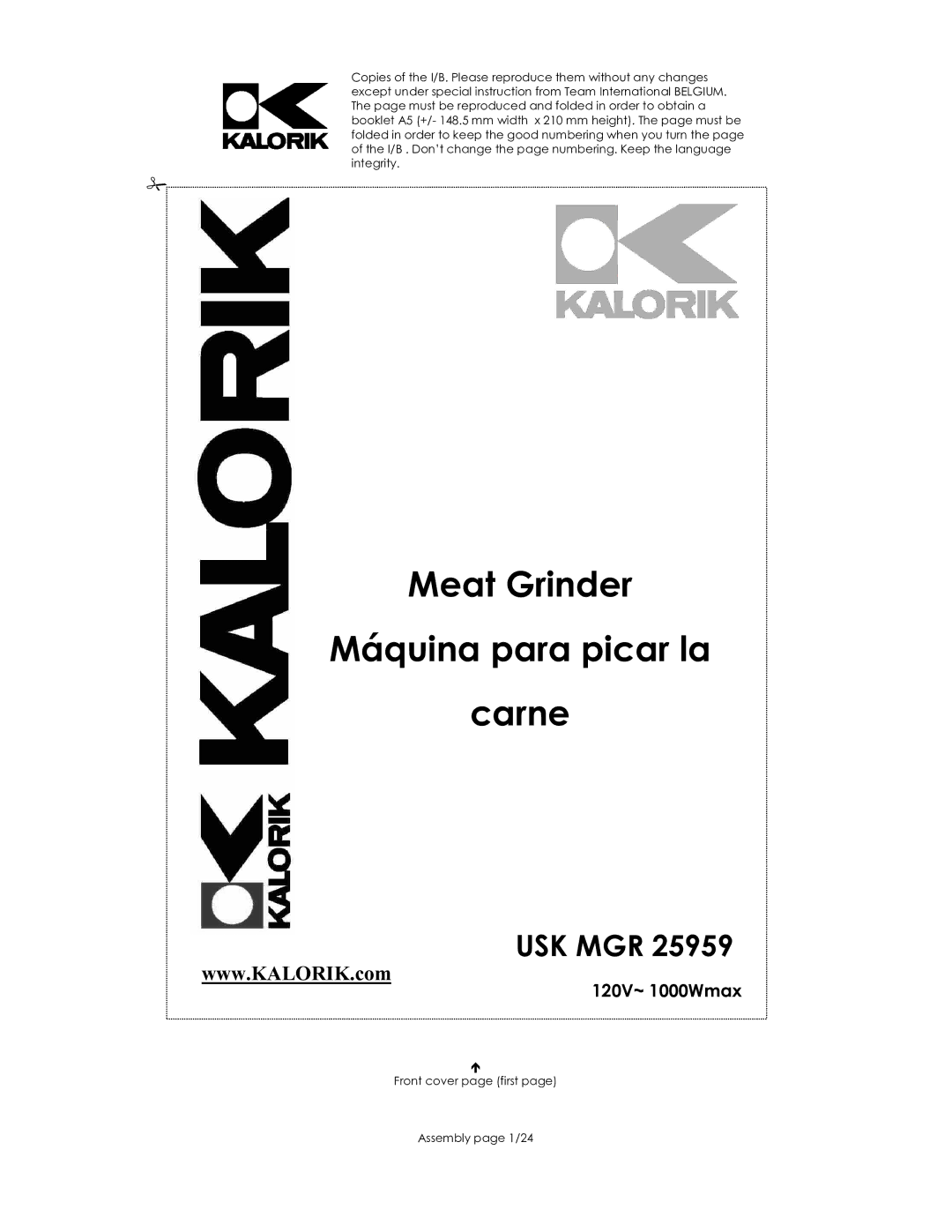 Kalorik USK MGR 25959 manual Meat Grinder Máquina para picar la Carne 