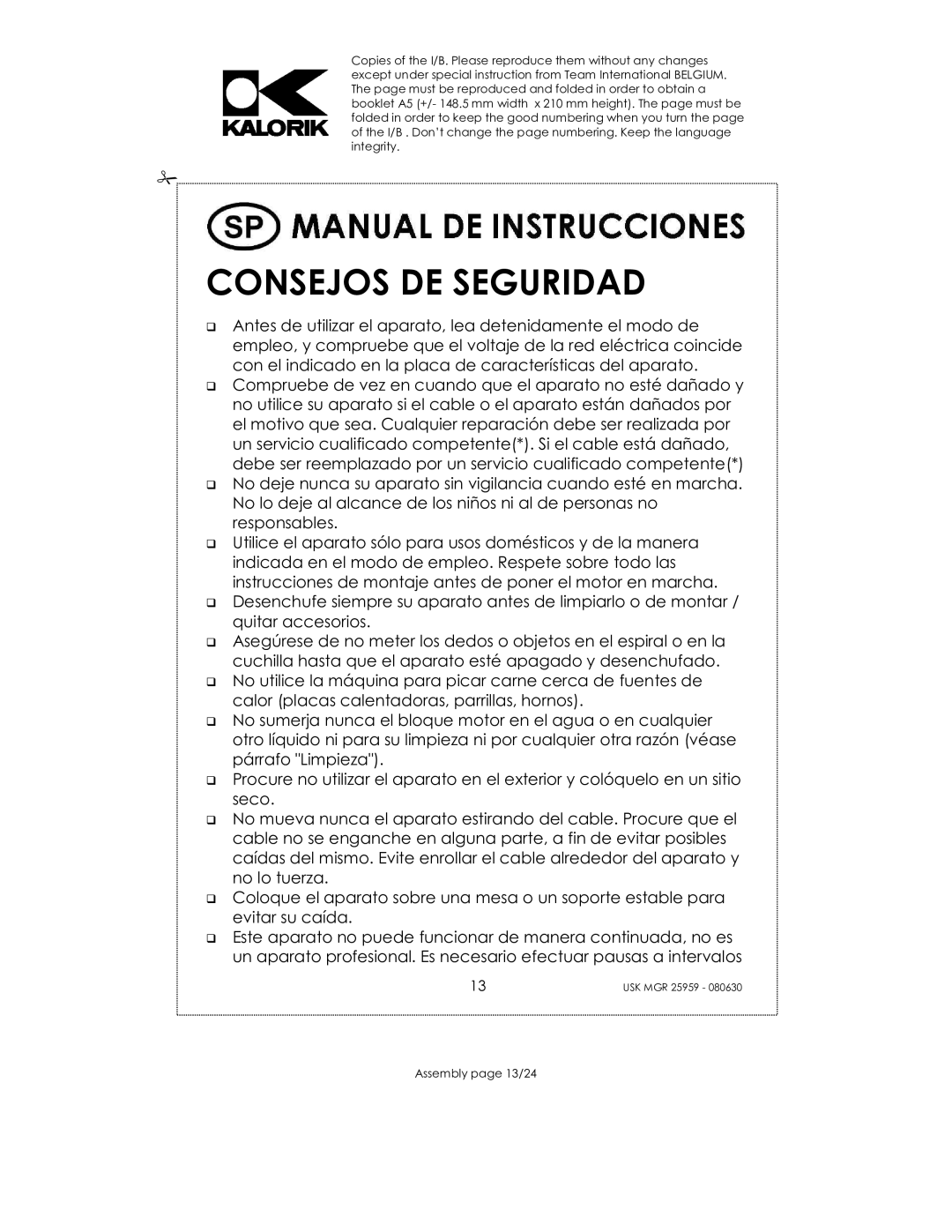 Kalorik USK MGR 25959 manual Consejos DE Seguridad 