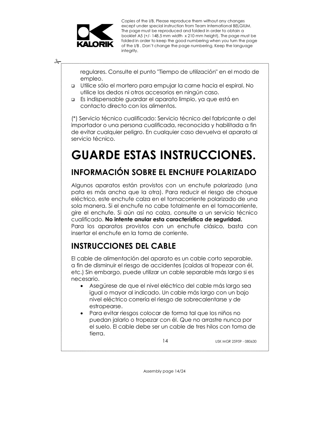 Kalorik USK MGR 25959 manual Información Sobre EL Enchufe Polarizado, Instrucciones DEL Cable 