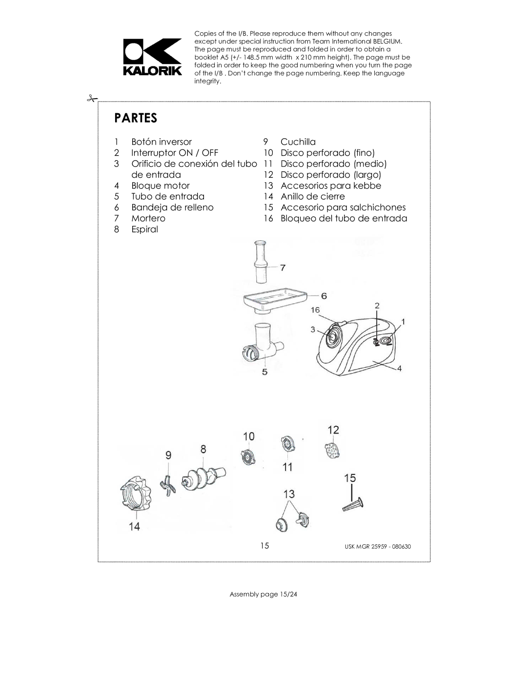 Kalorik USK MGR 25959 manual Partes, Espiral 