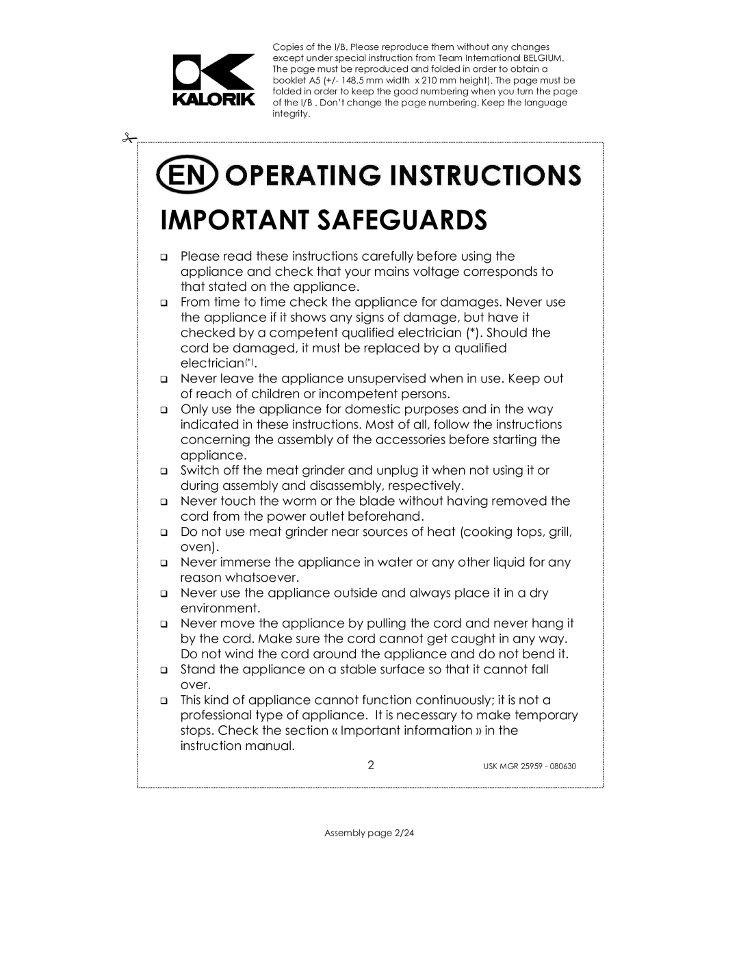 Kalorik USK MGR 25959 manual Important Safeguards 