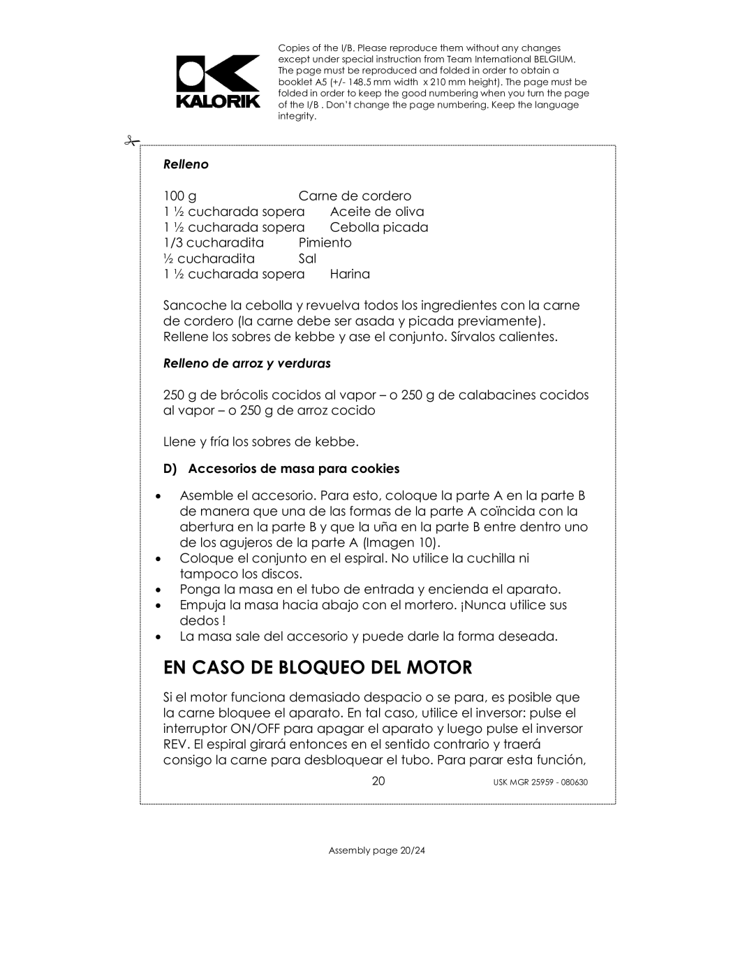 Kalorik USK MGR 25959 manual EN Caso DE Bloqueo DEL Motor, Accesorios de masa para cookies 