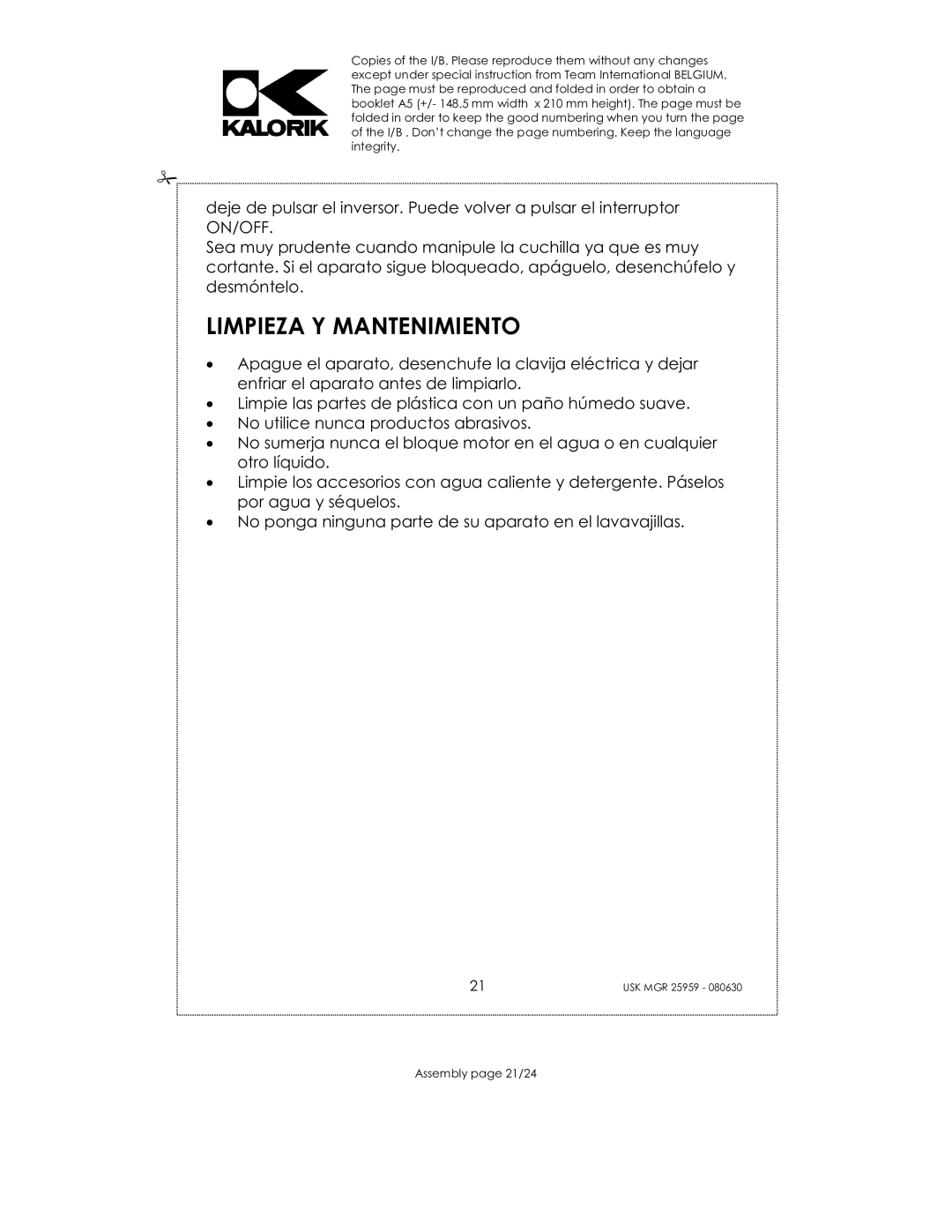 Kalorik USK MGR 25959 manual Limpieza Y Mantenimiento 