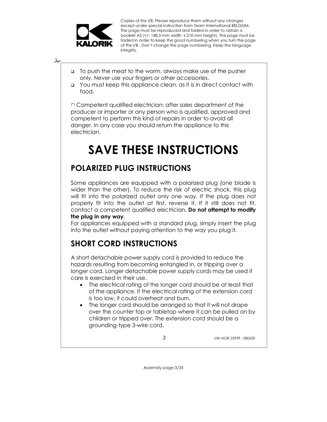 Kalorik USK MGR 25959 manual Polarized Plug Instructions, Short Cord Instructions 