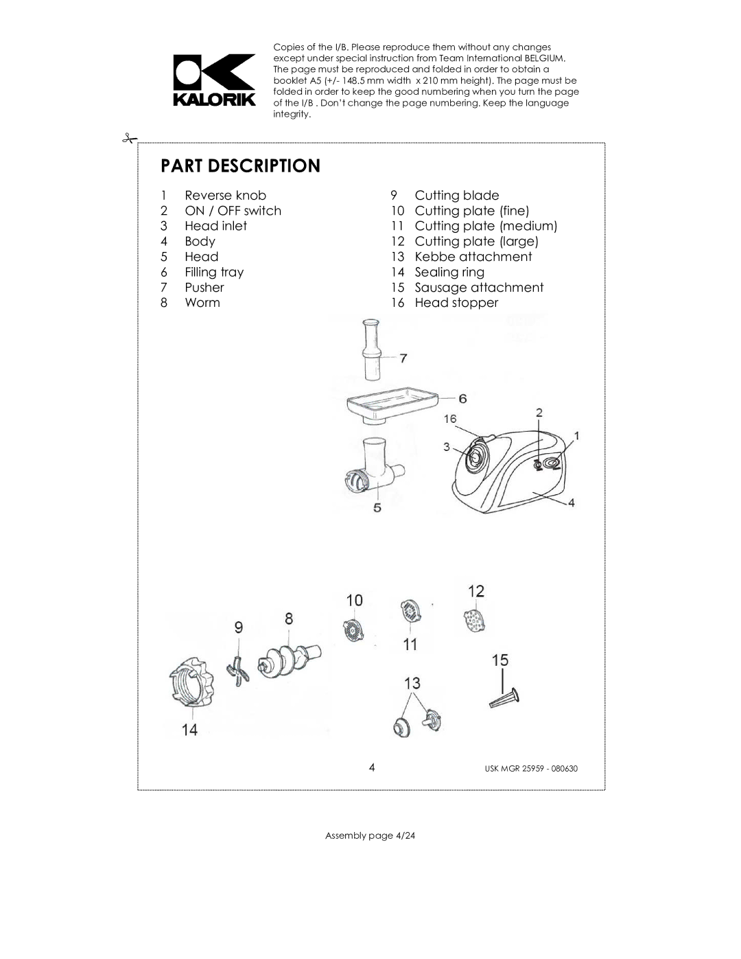 Kalorik USK MGR 25959 manual Part Description 