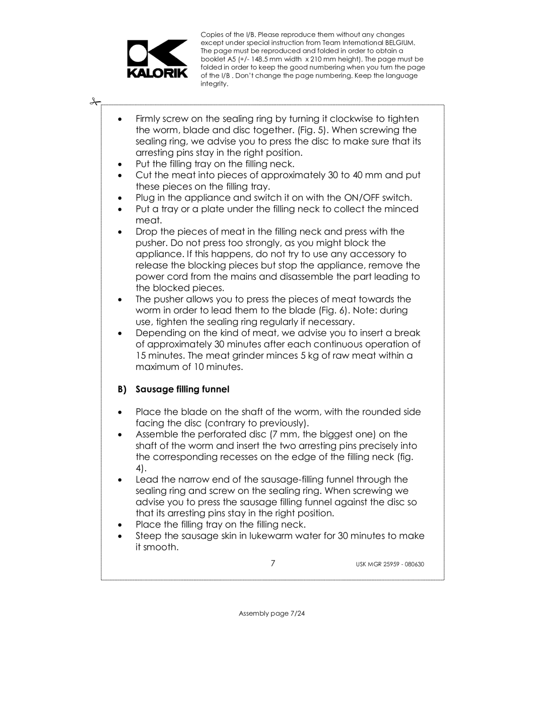 Kalorik USK MGR 25959 manual Sausage filling funnel 