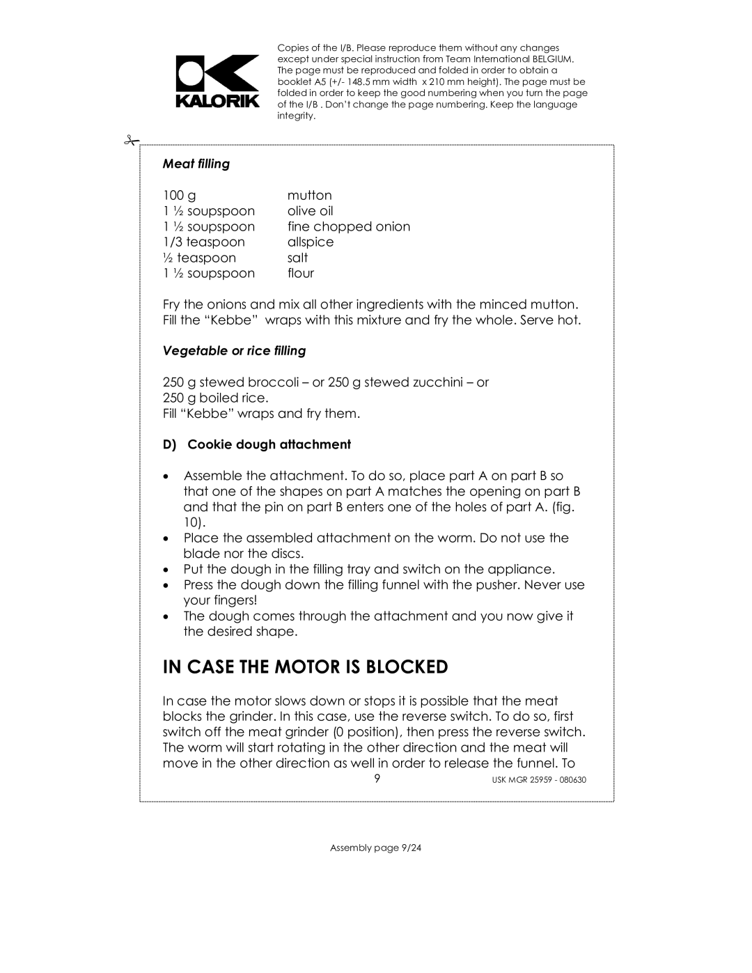Kalorik USK MGR 25959 manual Case the Motor is Blocked, Cookie dough attachment 