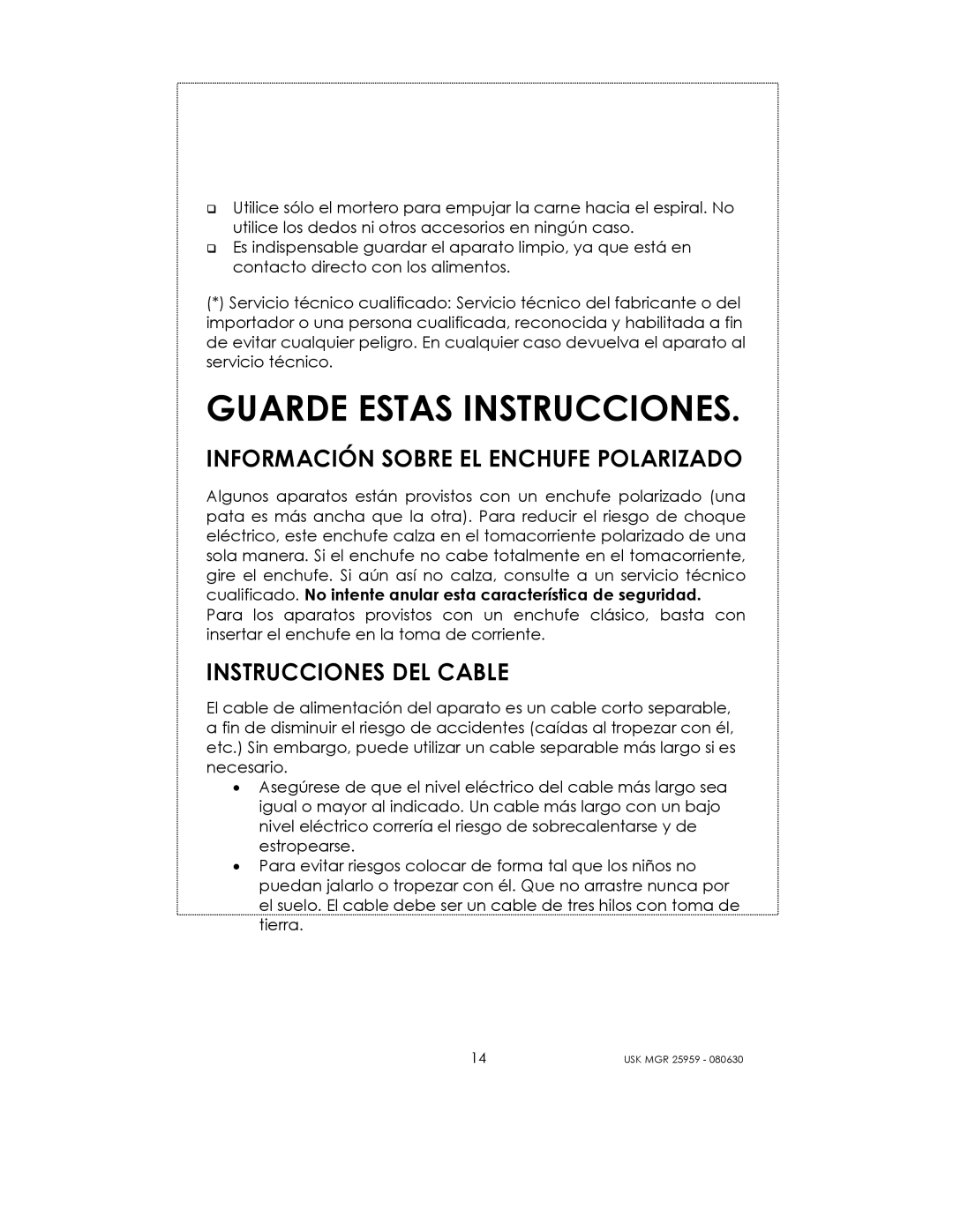 Kalorik USK MGR 25959 manual Información Sobre EL Enchufe Polarizado, Instrucciones DEL Cable 