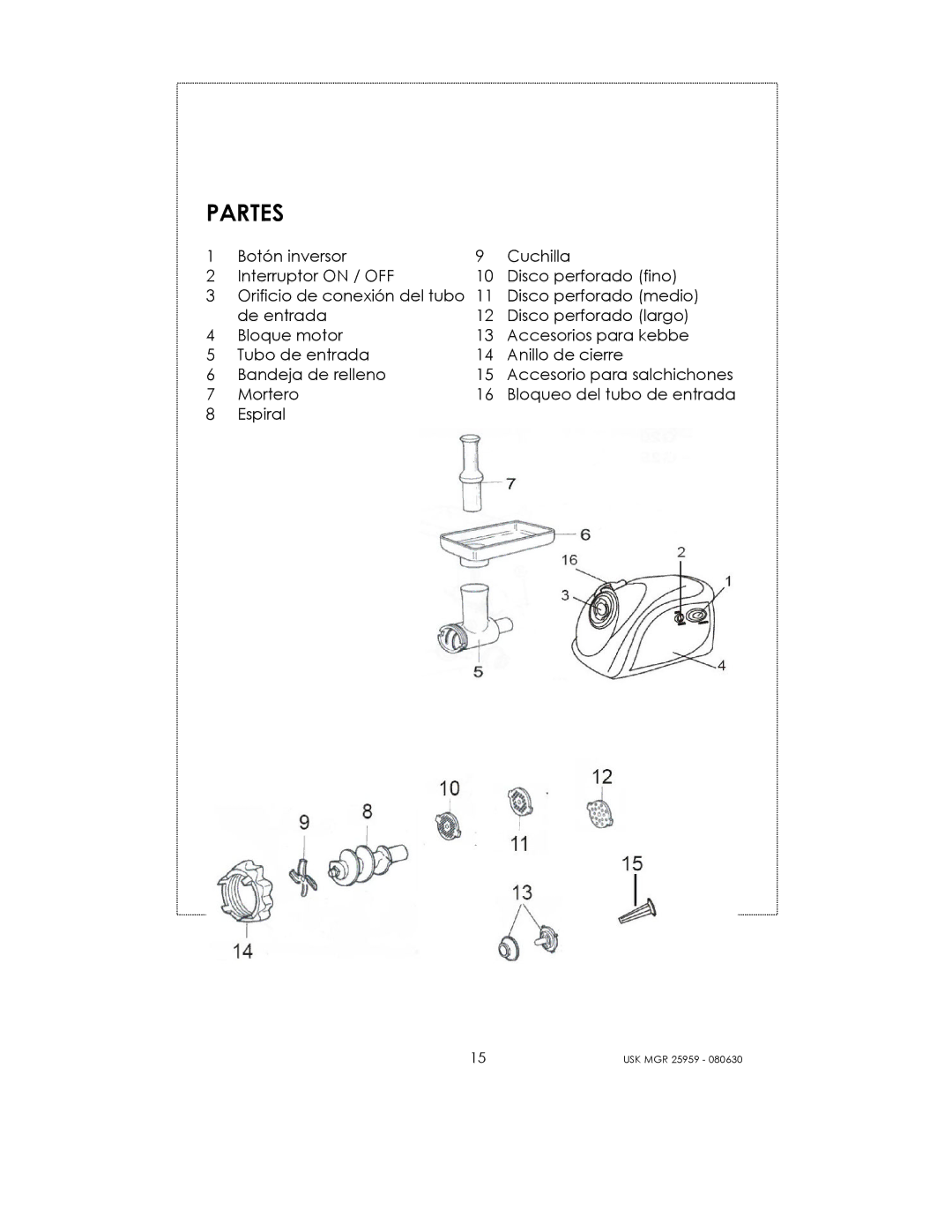 Kalorik USK MGR 25959 manual Partes 