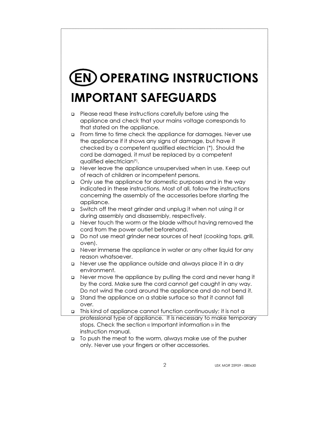 Kalorik USK MGR 25959 manual Important Safeguards 