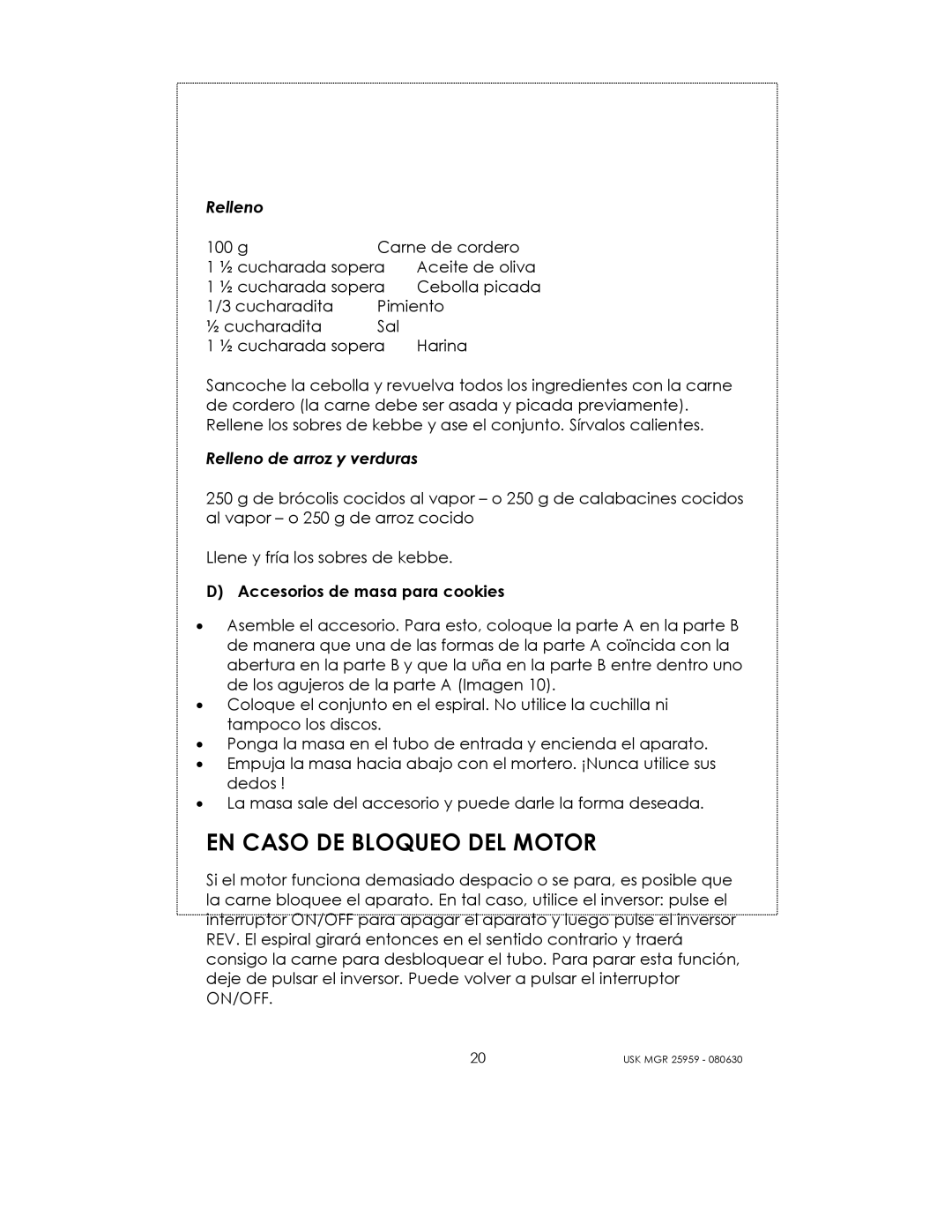 Kalorik USK MGR 25959 manual EN Caso DE Bloqueo DEL Motor 