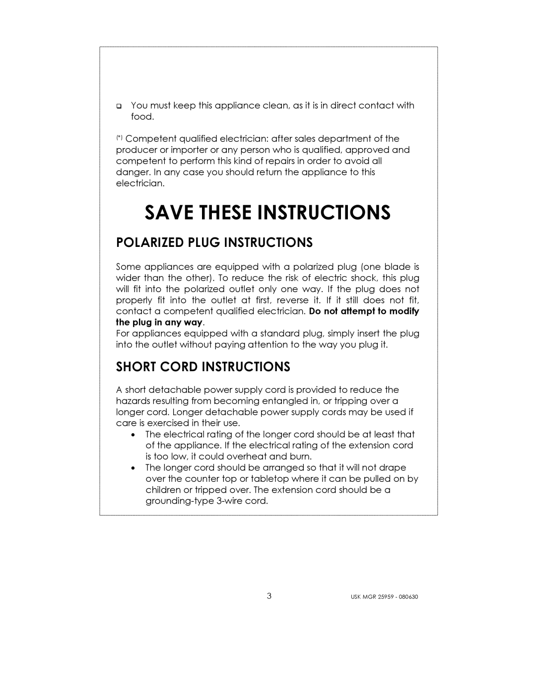 Kalorik USK MGR 25959 manual Polarized Plug Instructions, Short Cord Instructions 