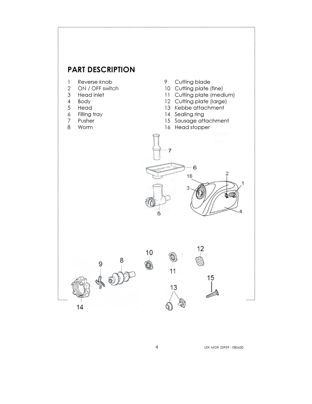 Kalorik USK MGR 25959 manual Part Description 