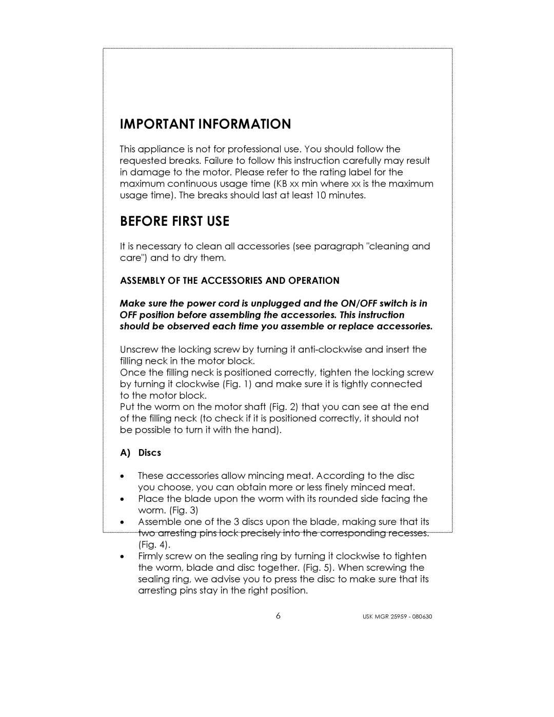 Kalorik USK MGR 25959 manual Important Information, Before First USE 