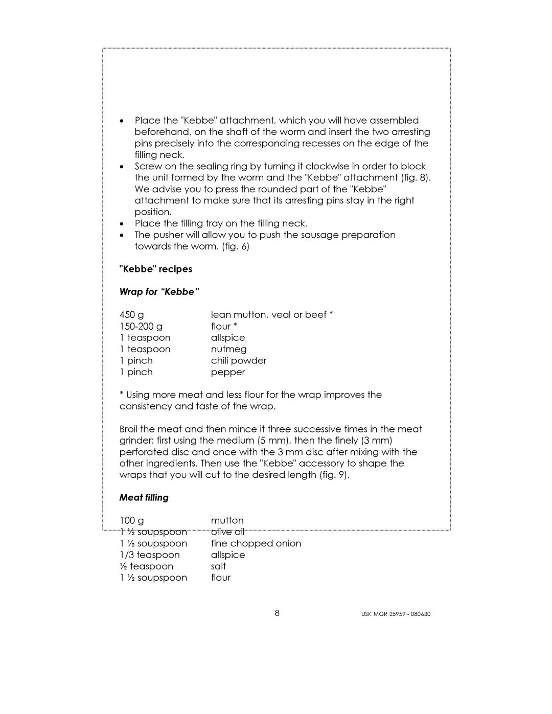 Kalorik USK MGR 25959 manual Lean mutton, veal or beef 