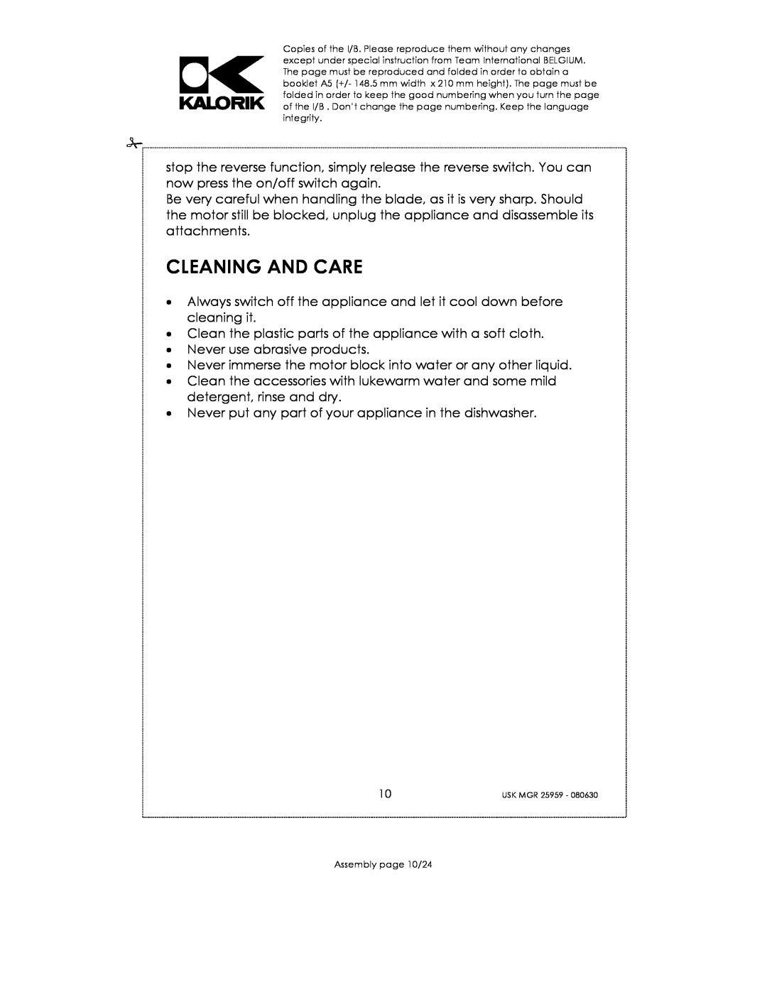 Kalorik USK MGR 25959 manual Cleaning And Care 
