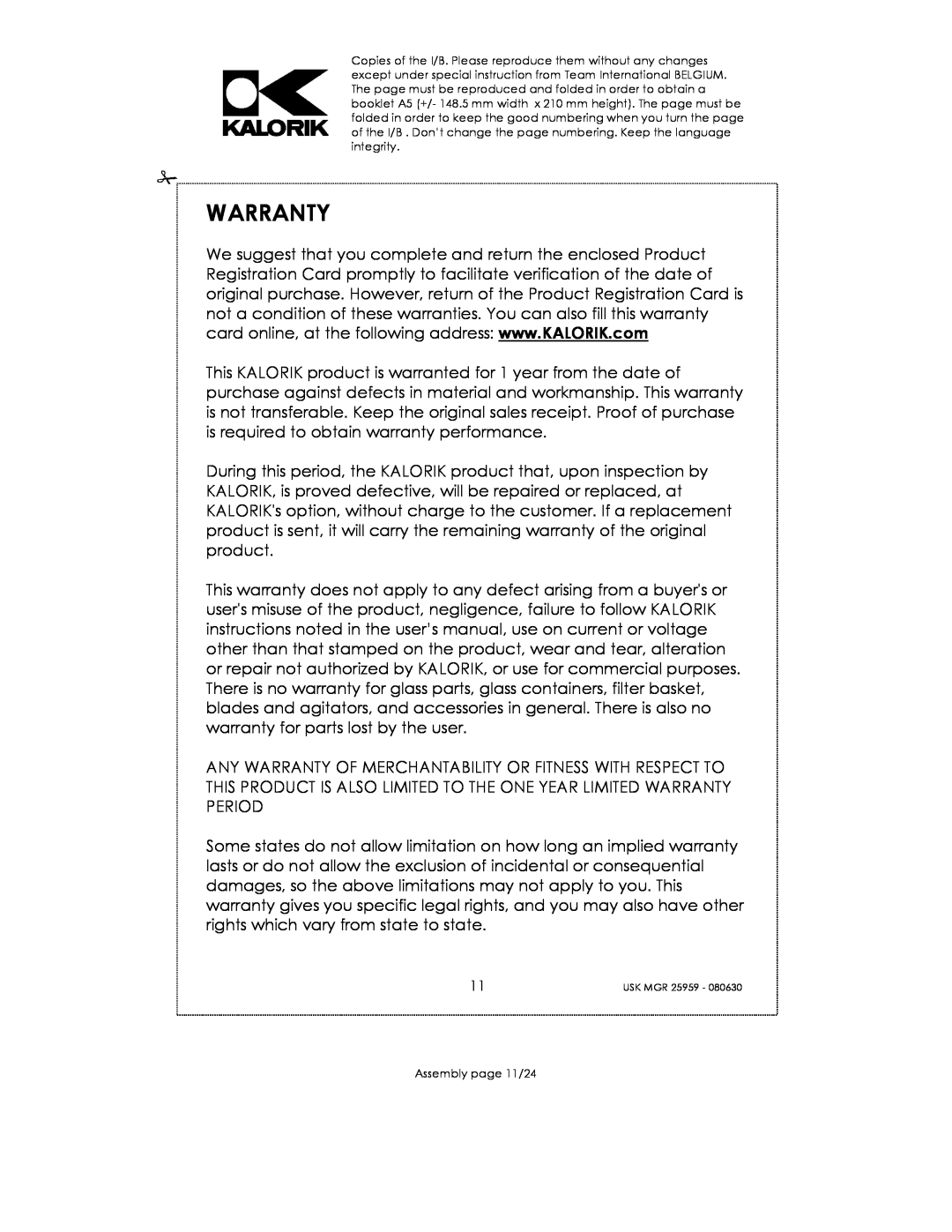 Kalorik USK MGR 25959 manual Warranty, Assembly page 11/24 