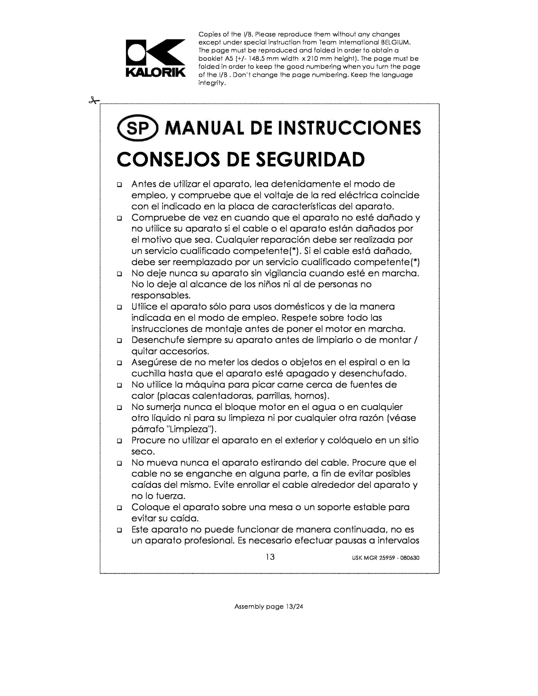 Kalorik USK MGR 25959 manual Consejos De Seguridad, Assembly page 13/24 