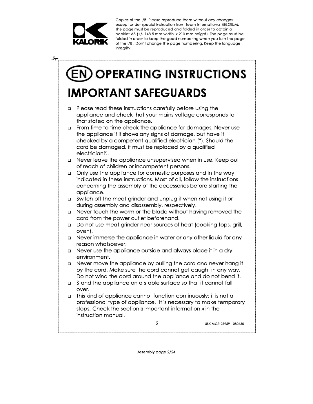 Kalorik USK MGR 25959 manual Important Safeguards, Assembly page 2/24 