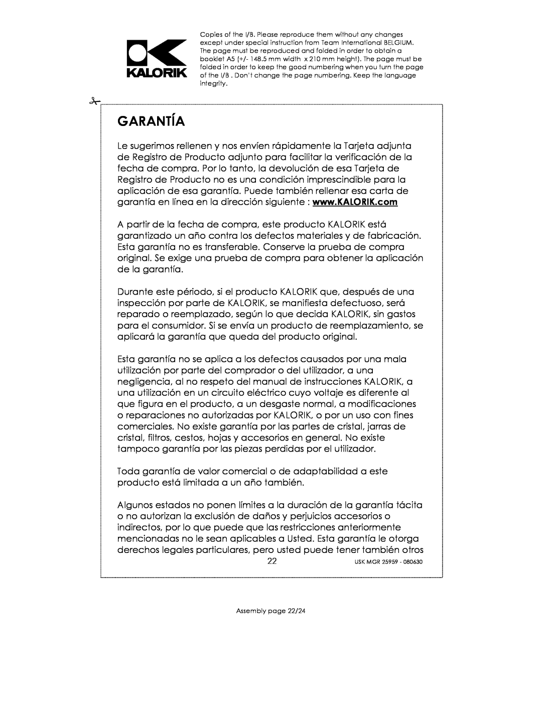 Kalorik USK MGR 25959 manual Garantía, Assembly page 22/24 