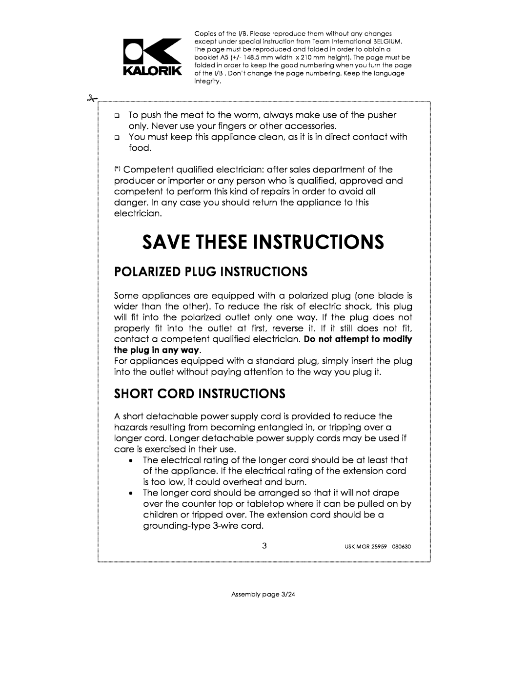 Kalorik USK MGR 25959 manual Save These Instructions, Polarized Plug Instructions, Short Cord Instructions 