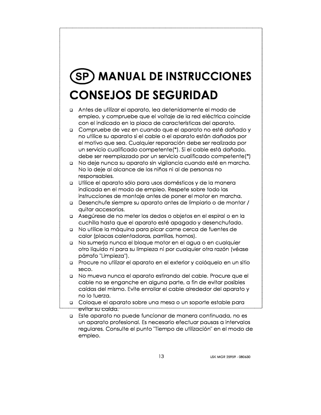 Kalorik USK MGR 25959 manual Consejos De Seguridad 