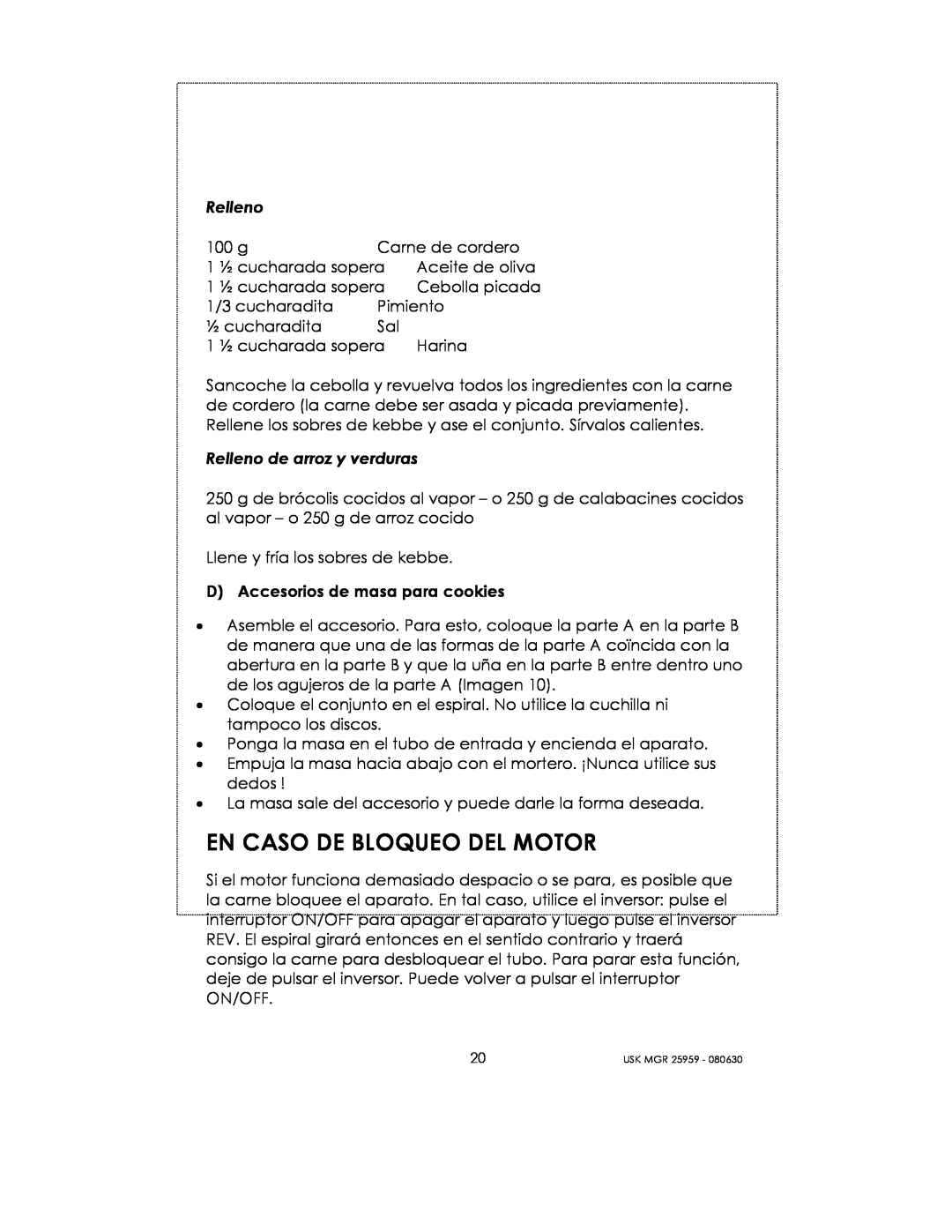 Kalorik USK MGR 25959 manual En Caso De Bloqueo Del Motor 