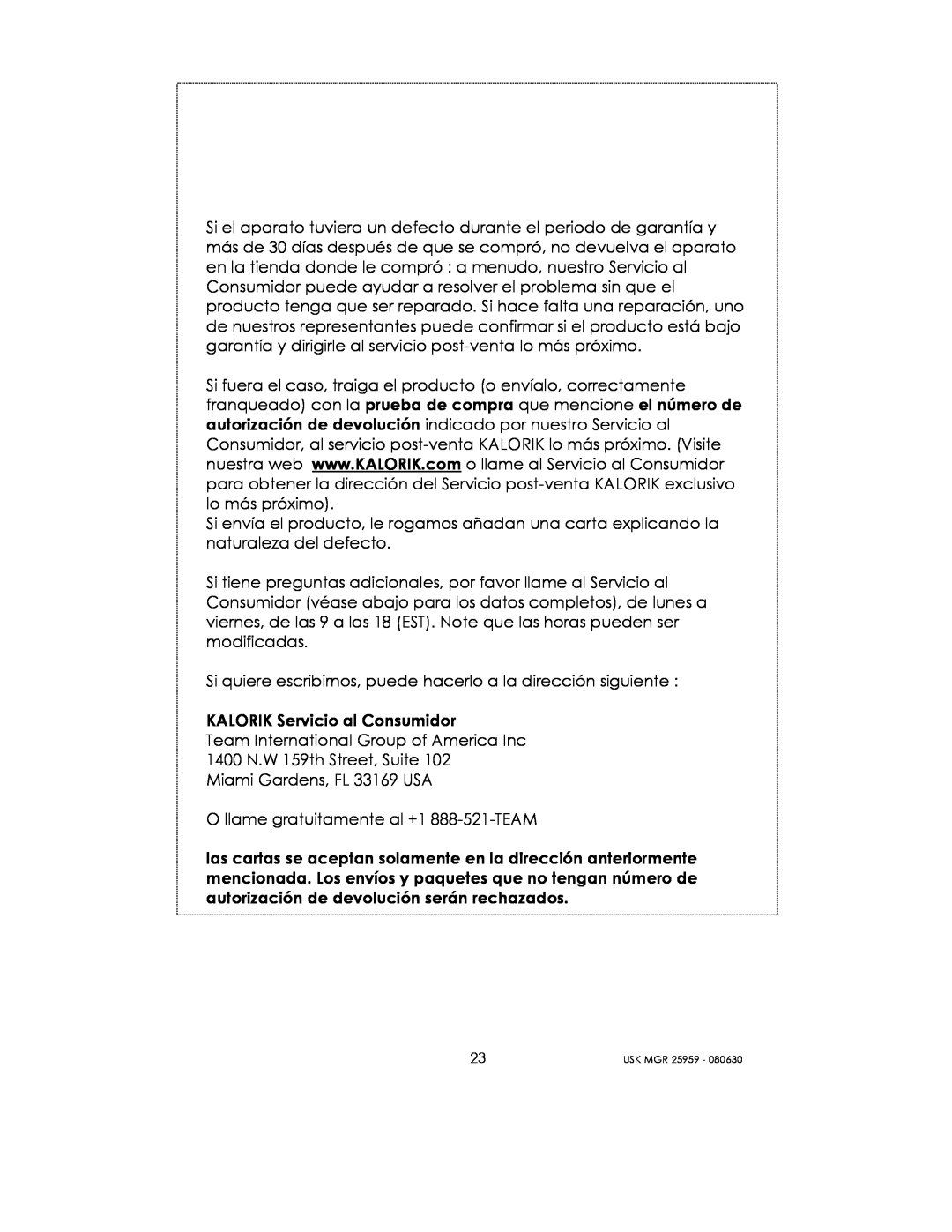 Kalorik USK MGR 25959 manual KALORIK Servicio al Consumidor 