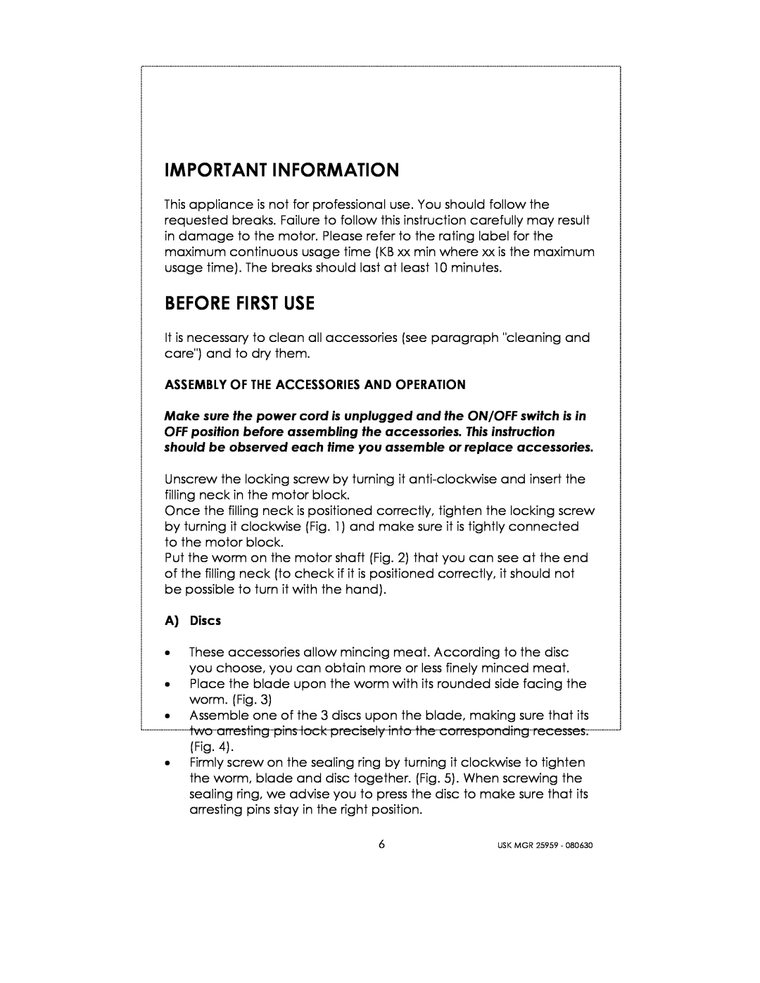 Kalorik USK MGR 25959 manual Important Information, Before First Use 