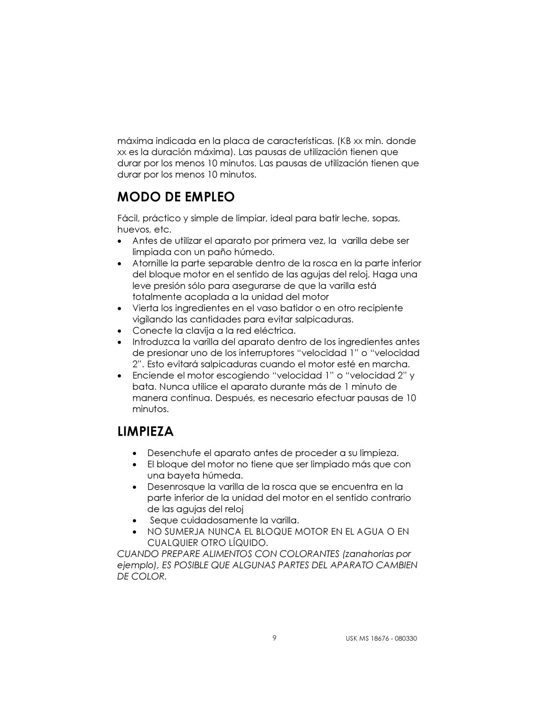 Kalorik USK MS 18676 manual Modo DE Empleo, Limpieza 