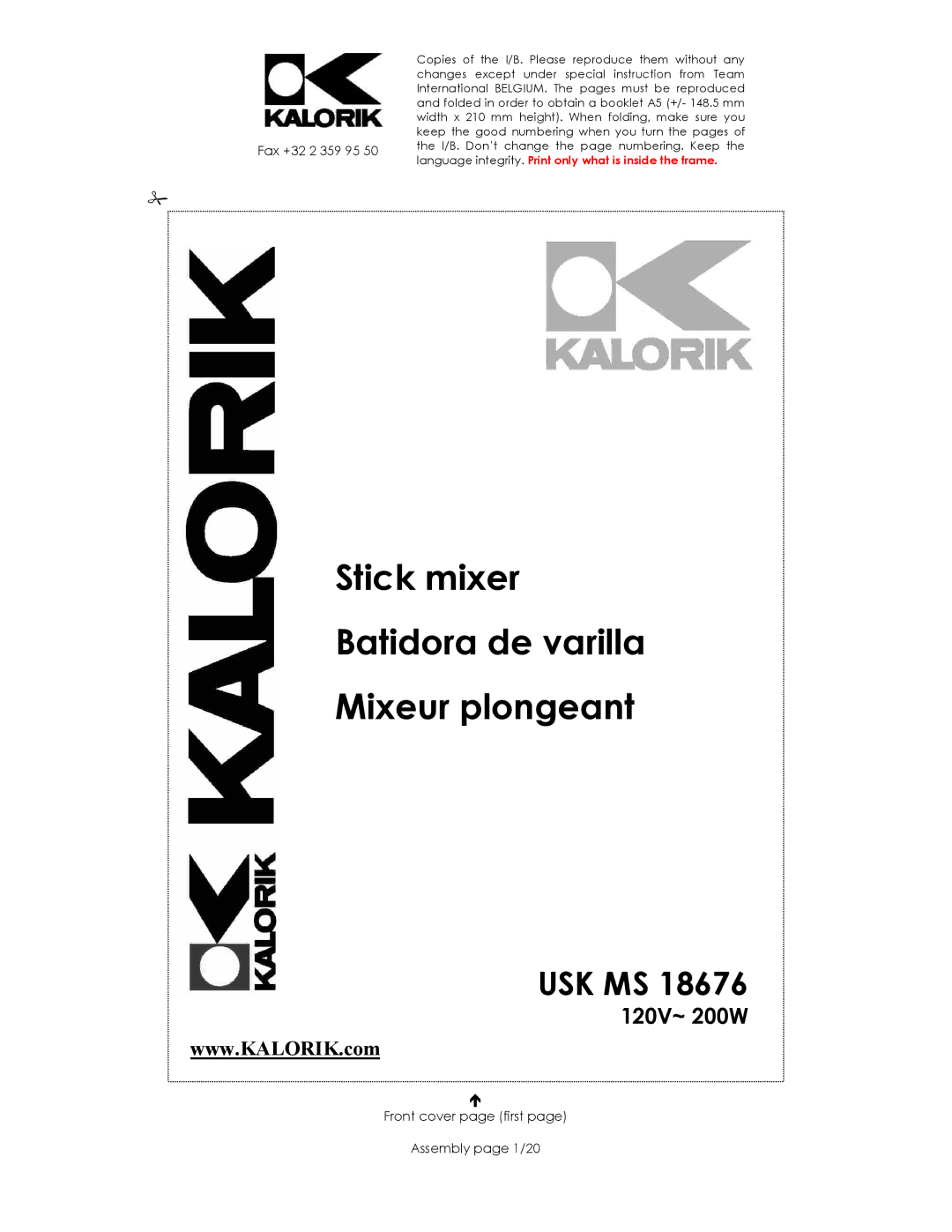 Kalorik USK MS 18676 manual Fax +32 2 359 95, Front cover page first Assembly page 1/20 