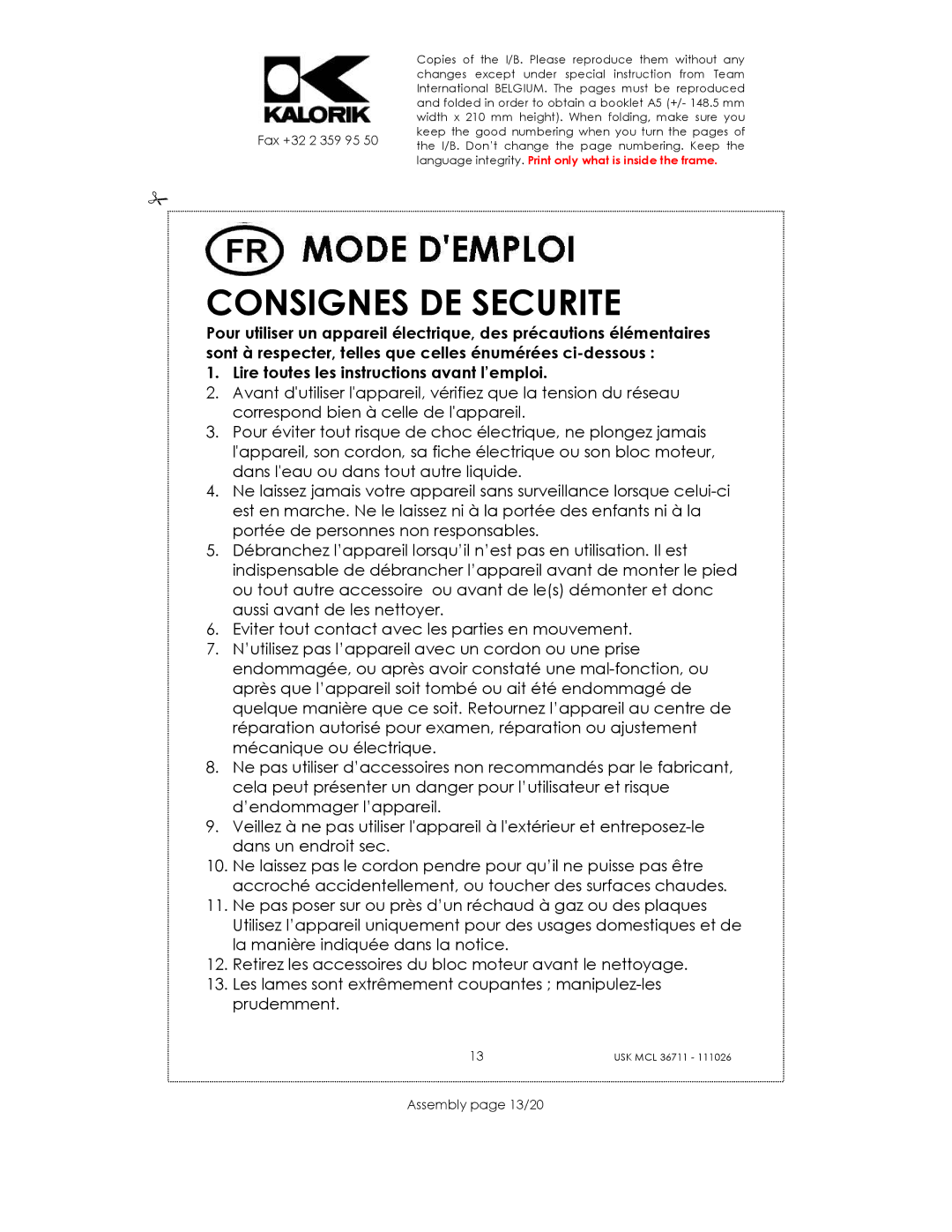 Kalorik USK MS 18676 manual Consignes DE Securite, Assembly page 13/20 