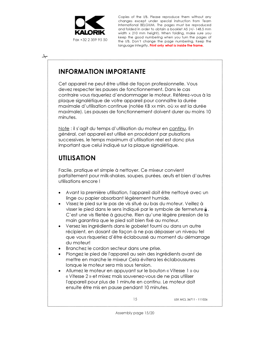 Kalorik USK MS 18676 manual Information Importante, Utilisation, Assembly page 15/20 