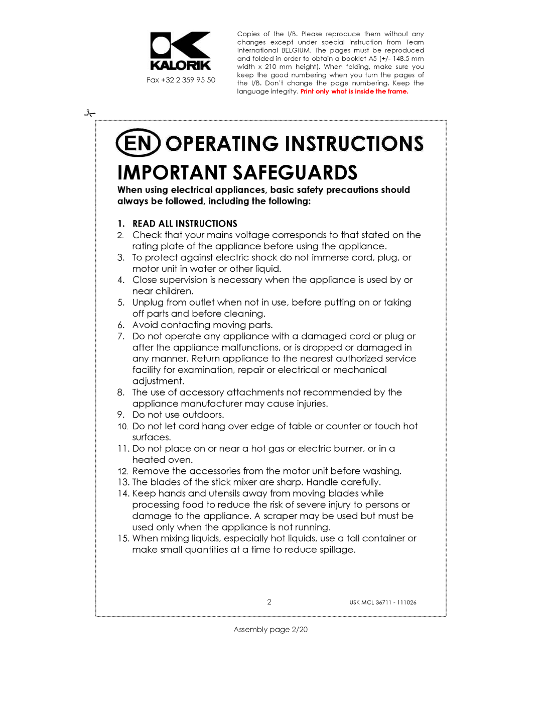 Kalorik USK MS 18676 manual Important Safeguards, Assembly page 2/20 