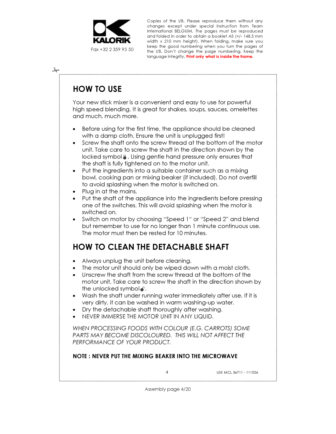 Kalorik USK MS 18676 manual HOW to USE, HOW to Clean the Detachable Shaft, Assembly page 4/20 