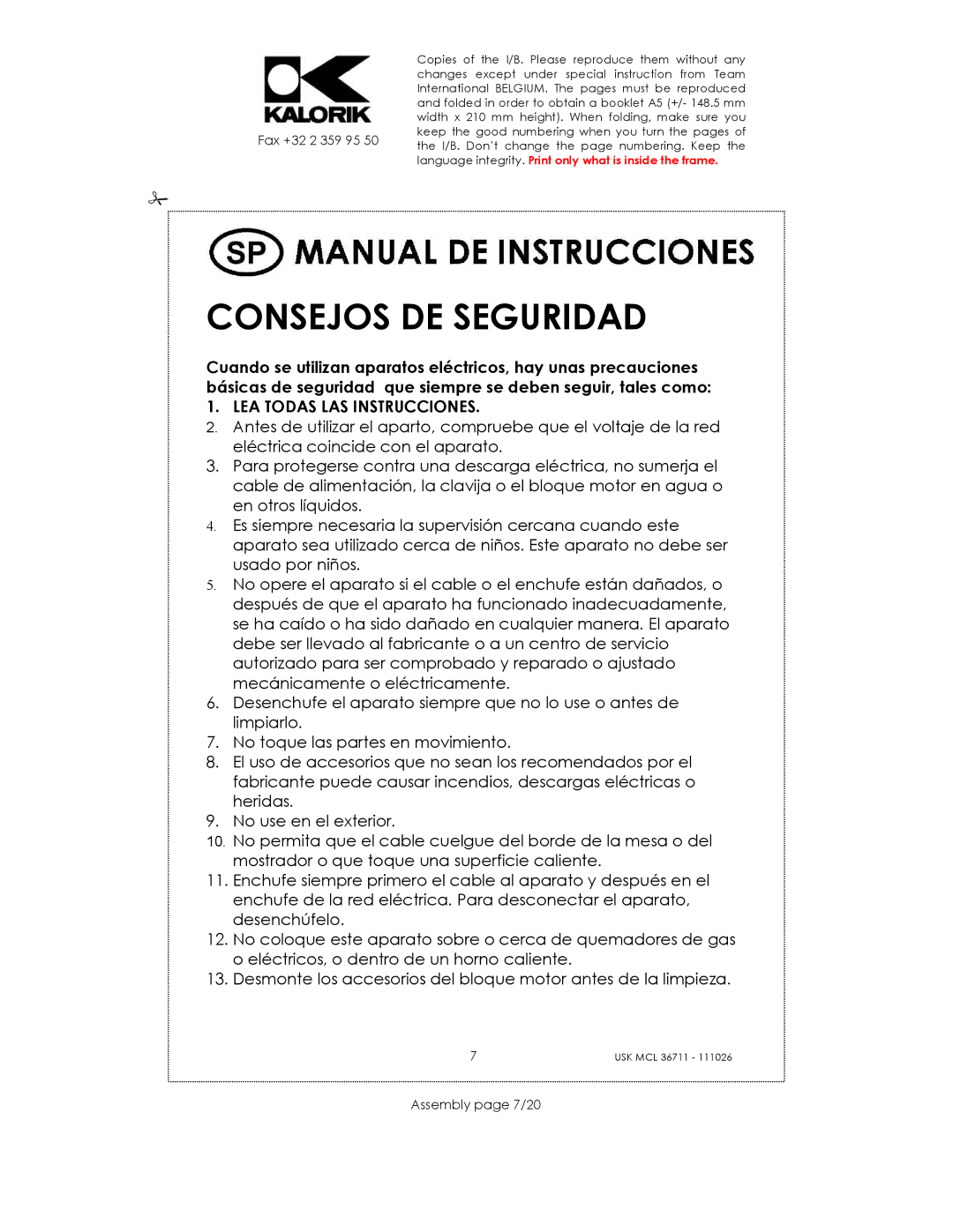 Kalorik USK MS 18676 manual Consejos DE Seguridad, Assembly page 7/20 