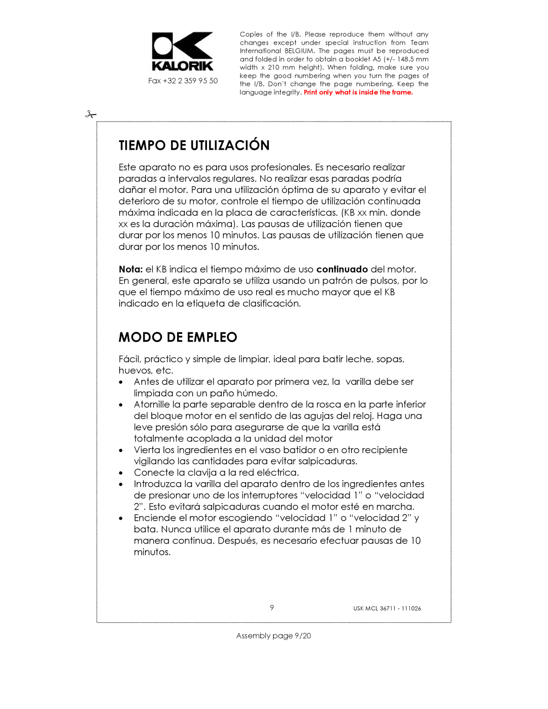 Kalorik USK MS 18676 manual Tiempo DE Utilización, Modo DE Empleo, Assembly page 9/20 