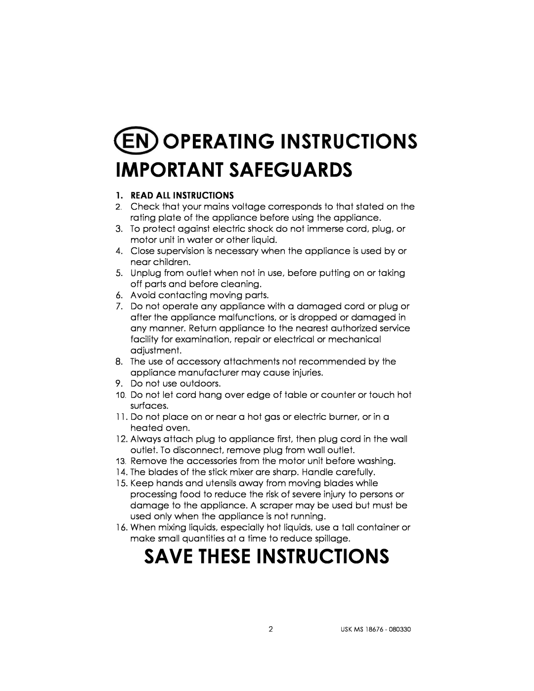 Kalorik USK MS 18676 manual Important Safeguards, Save These Instructions 