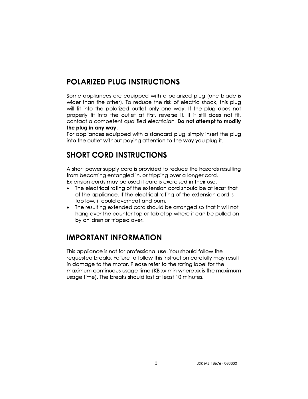 Kalorik USK MS 18676 manual Polarized Plug Instructions, Short Cord Instructions, Important Information 
