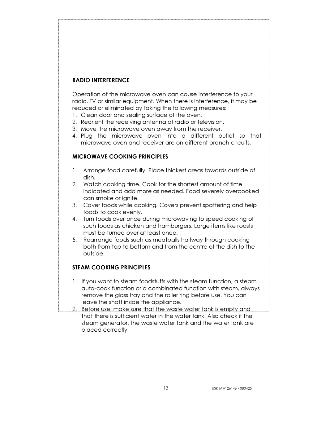 Kalorik USK MW 26146 manual Radio Interference, Microwave Cooking Principles, Steam Cooking Principles 